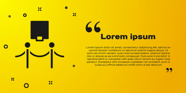 黑色画框和绳索障碍图标孤立在黄色背景上。展览的保护。博物馆画廊室内。向量图片下载