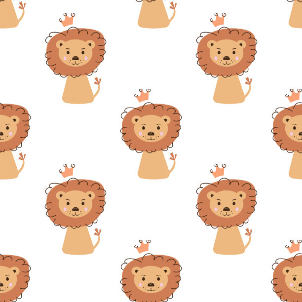 无缝图案的可爱有趣的狮子在一个皇冠。白色背景上的矢量插图。图片下载