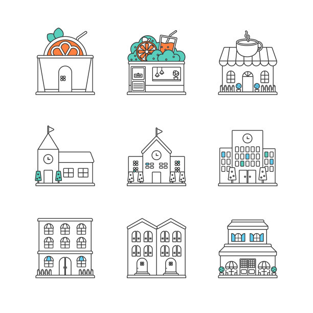 简单的关于学校和商店的图标。图片下载