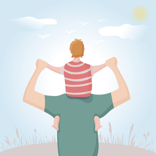 一个男人和他儿子的肖像。那男孩双手摊开坐在他父亲的肩膀上。一家人迎接日出。孩子光着脚。父亲节。平的插图图片下载