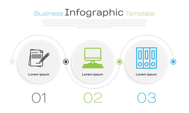空白笔记本和带橡皮的铅笔，带键盘的电脑显示器和带文件和文件的办公室文件夹。业务信息模板。向量图片下载