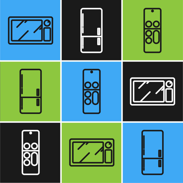 设置微波炉，遥控器和冰箱图标。向量图片下载