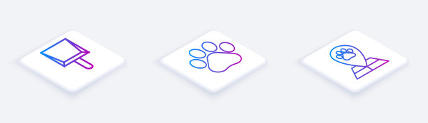 与兽医院设置等距线簸箕、爪印和地图指针。白色方形按钮。向量图片下载