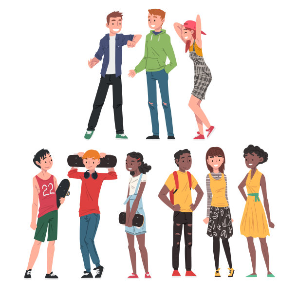 快乐的青少年设置，快乐的少年男孩和女孩穿着时尚的衣服，快乐的学生，同学或朋友积极的人物卡通风格矢量插图图片下载
