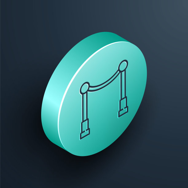 等距线地毯与屏障图标隔离在黑色背景上。VIP活动，奢华庆典。名人派对入口。绿松石圆形纽扣。矢量图图片下载