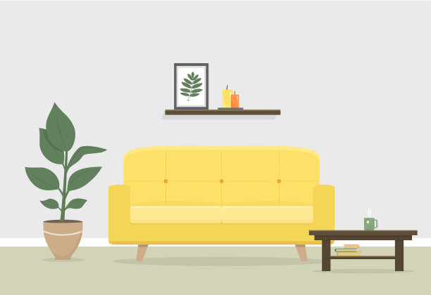 客厅内设黄色沙发、植物和茶几。平面风格，矢量插图。图片下载