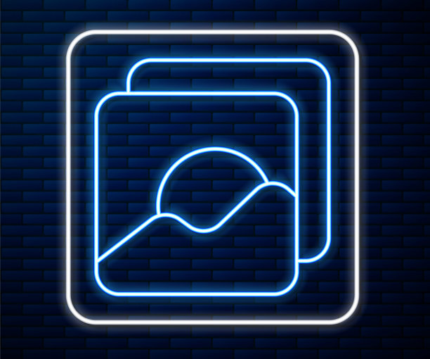 发光的霓虹灯线照片图标孤立在砖墙背景上。矢量图图片下载
