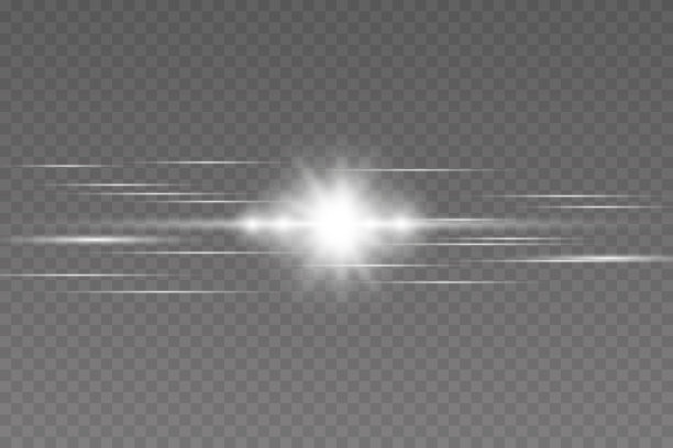 发光的线在透明的背景。行向量。水平光学镜头光晕光，夜间未来的除尘辉光条，闪光条纹图片下载