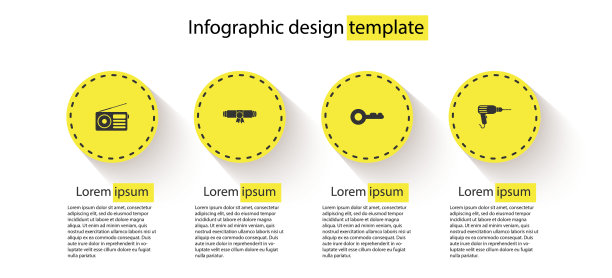 收音机，文凭卷轴，钥匙和钻机。业务信息模板。向量图片下载