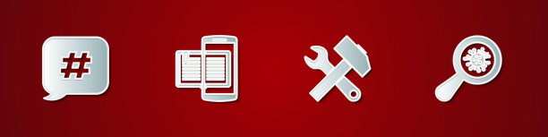 设置Hashtag语音气泡，智能手机和书，交叉锤子扳手和微生物下的放大镜图标。向量图片下载
