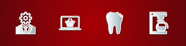 Set Head与齿轮内，购物篮上的笔记本电脑，破碎的牙齿和咖啡机壶的图标。向量图片下载