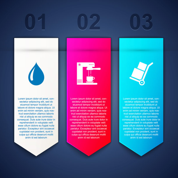 设置水滴，咖啡机，杯子和手推车箱。业务信息模板。向量图片下载