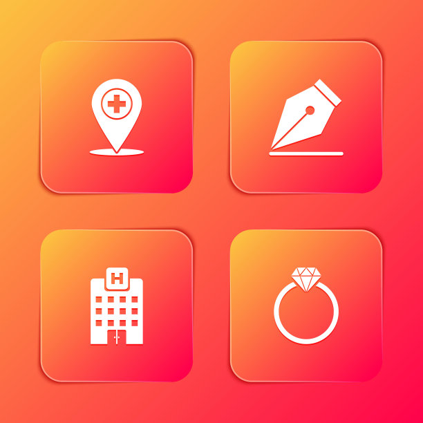 设置医疗位置与十字，钢笔笔尖，医院大楼和钻石订婚戒指图标。向量图片下载