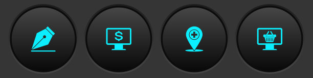 设置钢笔笔尖，显示器与美元，医疗位置交叉和购物篮图标。向量图片下载