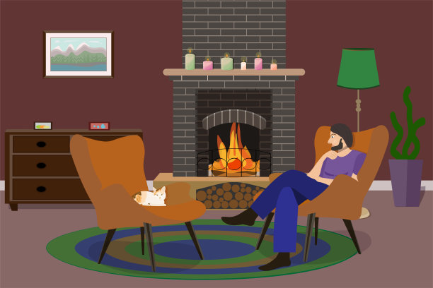 在一个燃烧着深色砖砌壁炉的房间里，一个留着黑头发、留着胡子、穿着蓝色裤子和紫色t恤的男人坐在一把橙色的椅子上，对面的另一把椅子上坐着一只三色的猫图片下载