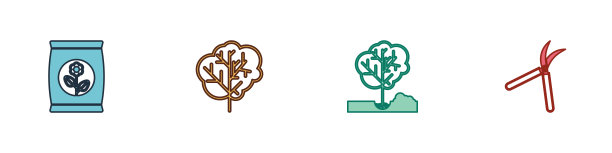 设置肥料袋，树，种植树在地面和园艺手工剪刀图标。向量图片下载