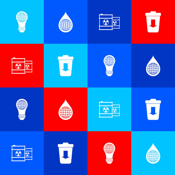 设置灯泡与世界地球仪，地球在水滴，放射性废物桶和发送到垃圾图标。向量图片下载
