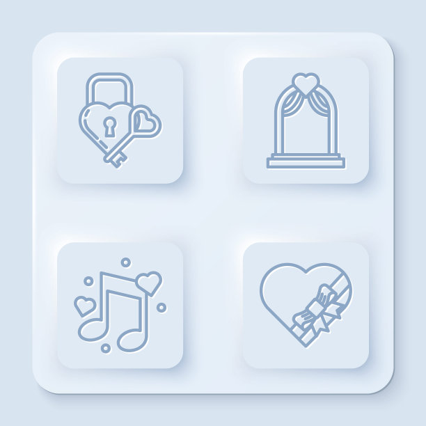 定线城堡心形和钥匙的形状，婚礼拱门，音乐音符，音调与心形和糖果在心形盒和弓。白色正方形按钮。向量图片下载