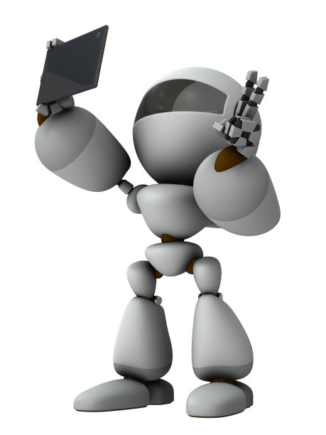 一个会自拍的人工智能机器人。白色背景。3 d渲染。图片下载