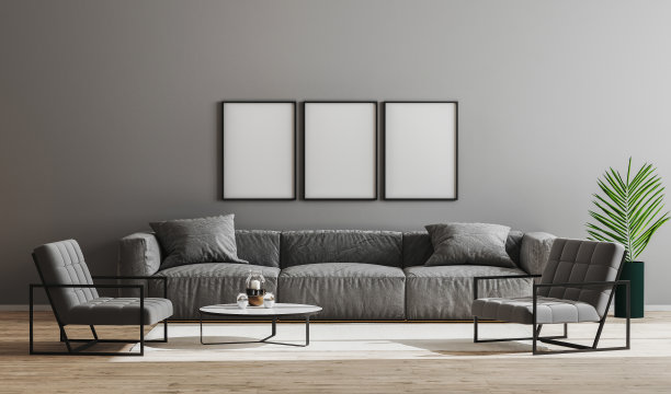 空白的黑色框架模拟在现代极简主义客厅内部灰色沙发，扶手椅和咖啡桌，客厅内部背景，斯堪的纳维亚风格，现代家具房间，3d渲染图片下载