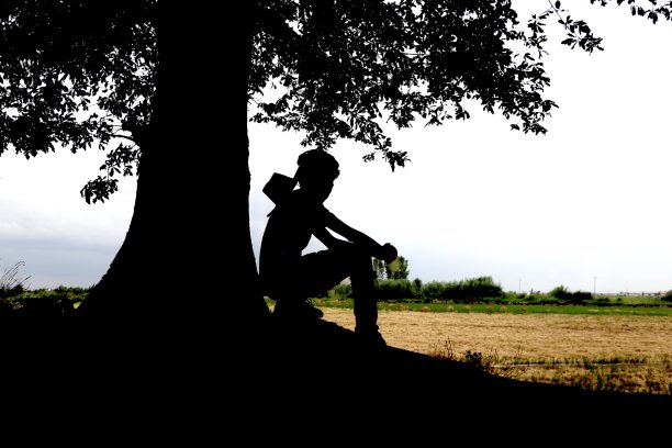 在田野边看植物的年轻男子轮廓图片下载