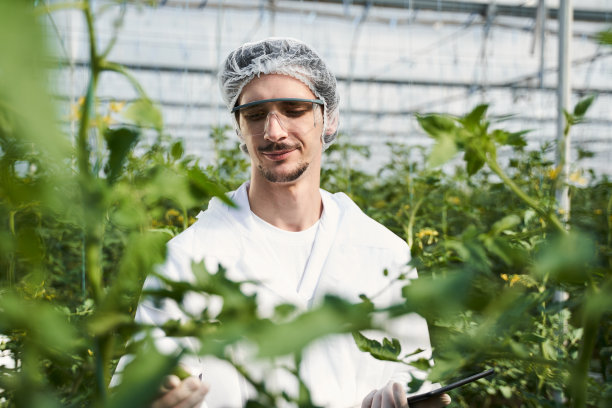 微笑的男性农学家在工作中使用平板电脑图片下载