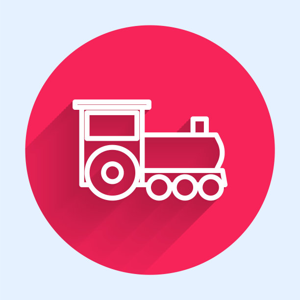 白色线与长阴影隔离的复古火车图标。公共交通的象征。红色圆圈按钮。矢量图图片下载