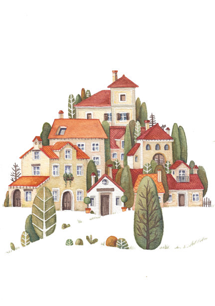 水彩画插图，小而美丽的欧洲村庄在山上。红色和橙色瓦片屋顶的房屋群，有开花的阳台和树木图片下载