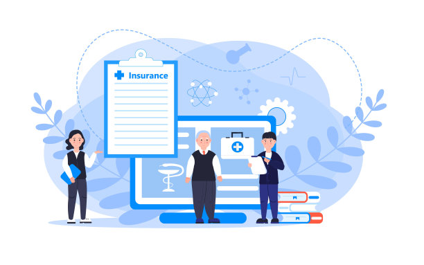 医疗保险矢量概念，人们用医生填写健康在线表格投保。协助代理商计算保险账单。它可以用于登陆页面，ui, web图片下载