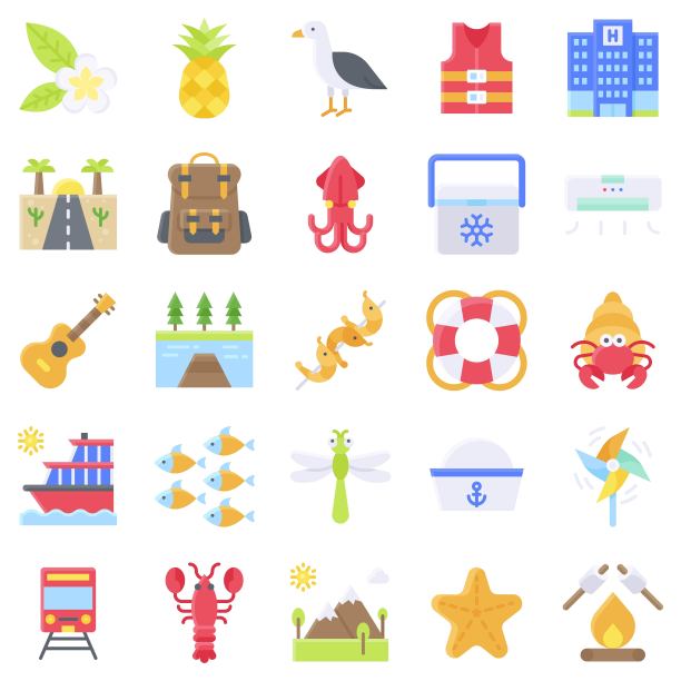 暑假相关图标集5个，扁平化风格图片下载