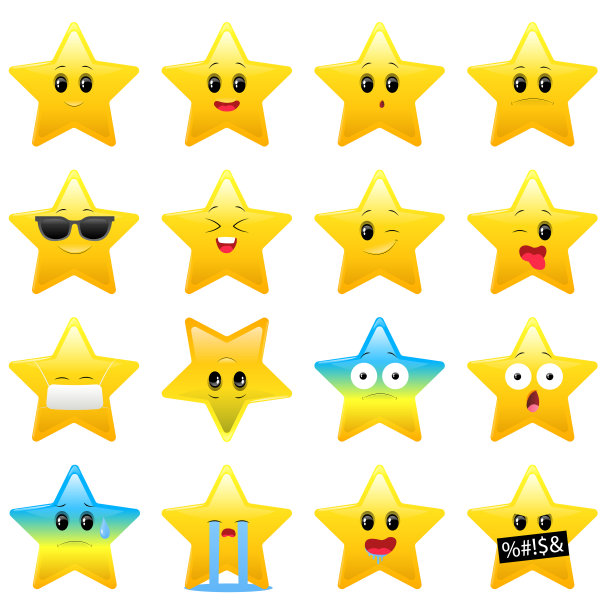 收集芬妮星星贴纸在白色的背景。针对儿童的孤立设计，图标。黄色的星星图标有不同的情感。矢量图图片下载
