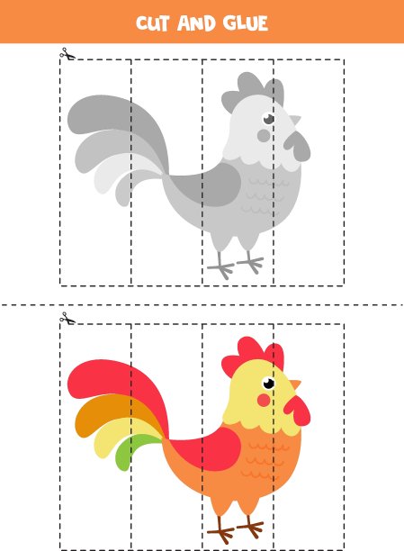 剪和胶水游戏的孩子。可爱的卡通彩色公鸡。图片下载