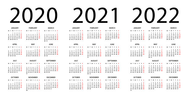 日历2020 2021 2022 -插图。下周一开始。日历设定为2020年、2021年、2022年图片下载