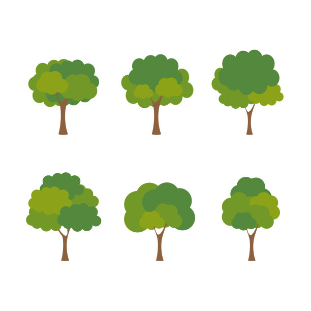 绿树肥沃的白色背景上的各种形式，设置各种树集，树木装饰花园和家庭设计。矢量插图和图标图片下载