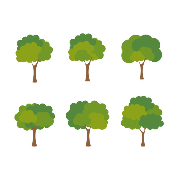 绿树肥沃的白色背景上的各种形式，设置各种树集，树木装饰花园和家庭设计。矢量插图和图标图片下载
