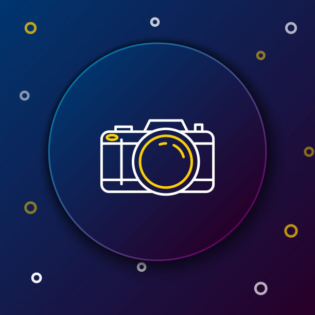 白色和黄色线照片相机图标孤立在深蓝色的背景。与相机图标。色彩斑斓的轮廓的概念。矢量图图片下载