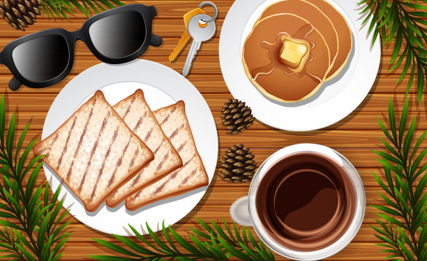 桌子靠近，有纸，咖啡，煎饼和玻璃杯图片下载