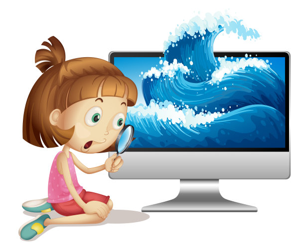 女孩透过电脑旁的放大镜看图片下载