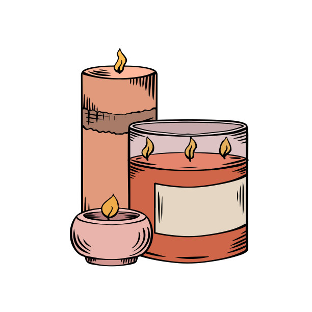 放松的蜡烛。彩色素描与孵化。各种白色背景玻璃蜡烛。矢量水疗，放松，宗教元素图片下载