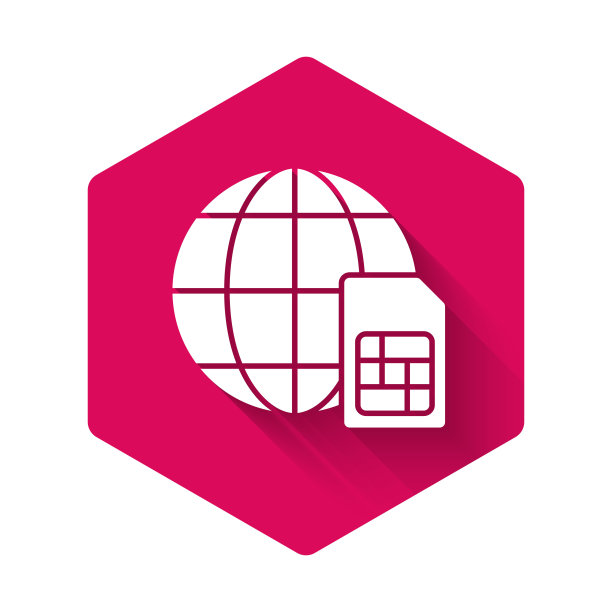 白色全球5G Sim卡图标隔离长阴影。移动和无线通信技术。网络芯片电子连接。粉色六角形按钮。向量图片下载