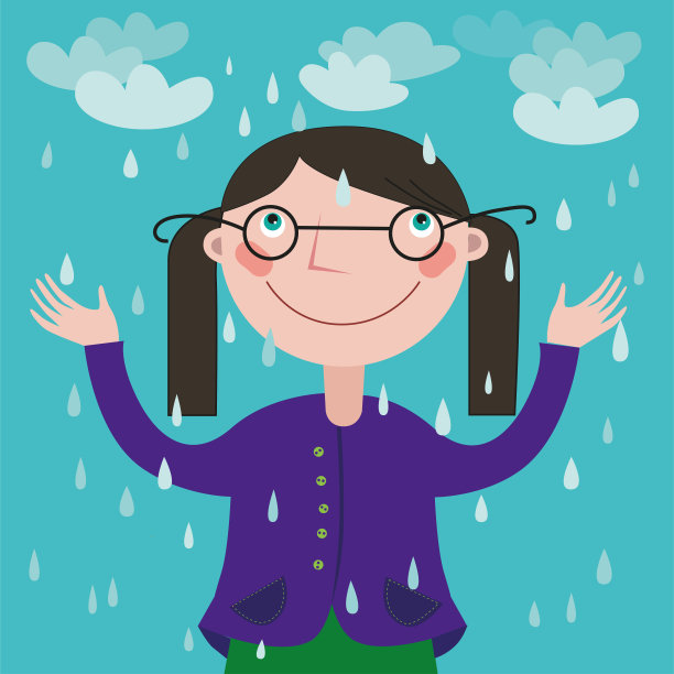 戴眼镜的女孩微笑着抬头望着落下的雨图片下载
