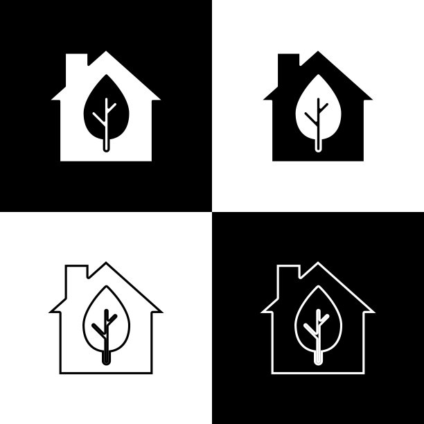 设置生态友好的房子图标隔离在黑色和白色背景。有树叶的生态房子。向量图片下载