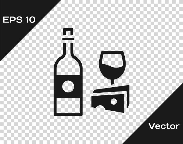 黑色酒瓶与玻璃和奶酪图标隔离在透明的背景。浪漫晚餐。向量图片下载