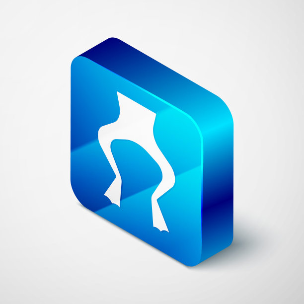 等距蛙腿图标孤立在灰色背景。蓝色方块按钮。向量图片下载