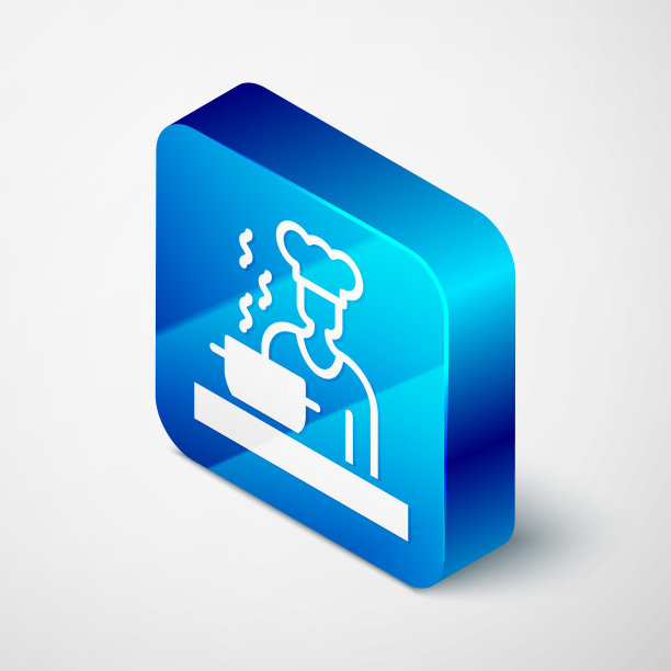 等距西班牙厨师图标孤立在灰色背景。蓝色方框按钮。向量图片下载