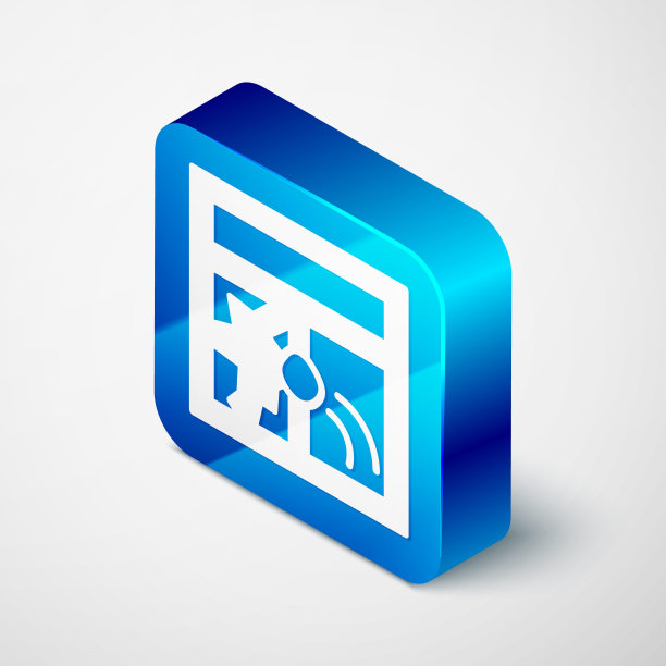 等距破碎窗口图标孤立在灰色背景。损坏的窗口。殴打窗玻璃的概念。破坏行为。蓝色方块按钮。向量图片下载