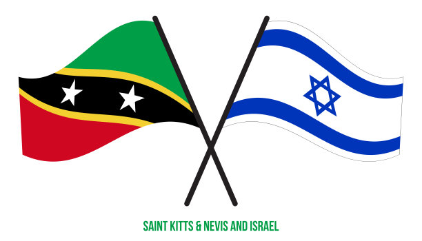 圣基茨和尼维斯和以色列旗帜交叉和挥舞平风格。官方的比例。图片下载