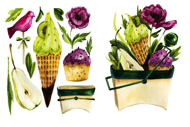 手绘水彩甜点在白色的背景。宽袖长袍的集合。的糖果图片下载