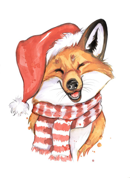 可爱的微笑狐狸戴着红色的新年帽图片下载