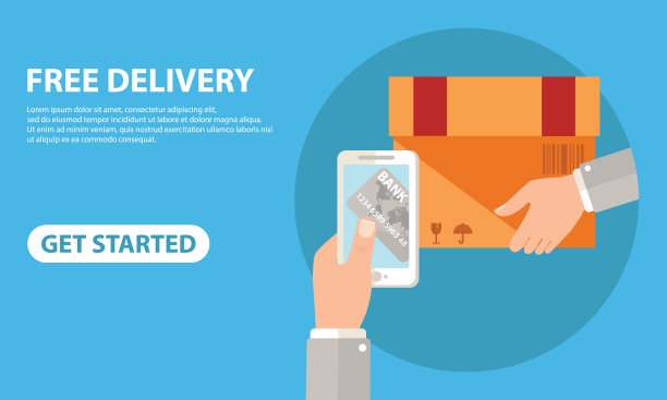 客户如何通过移动应用程序通过信用卡支付免费送货。平面矢量霓虹灯网站模板和登陆页设计的人手手持智能手机和在线支付卡使用电子商务应用程序-矢量图片下载
